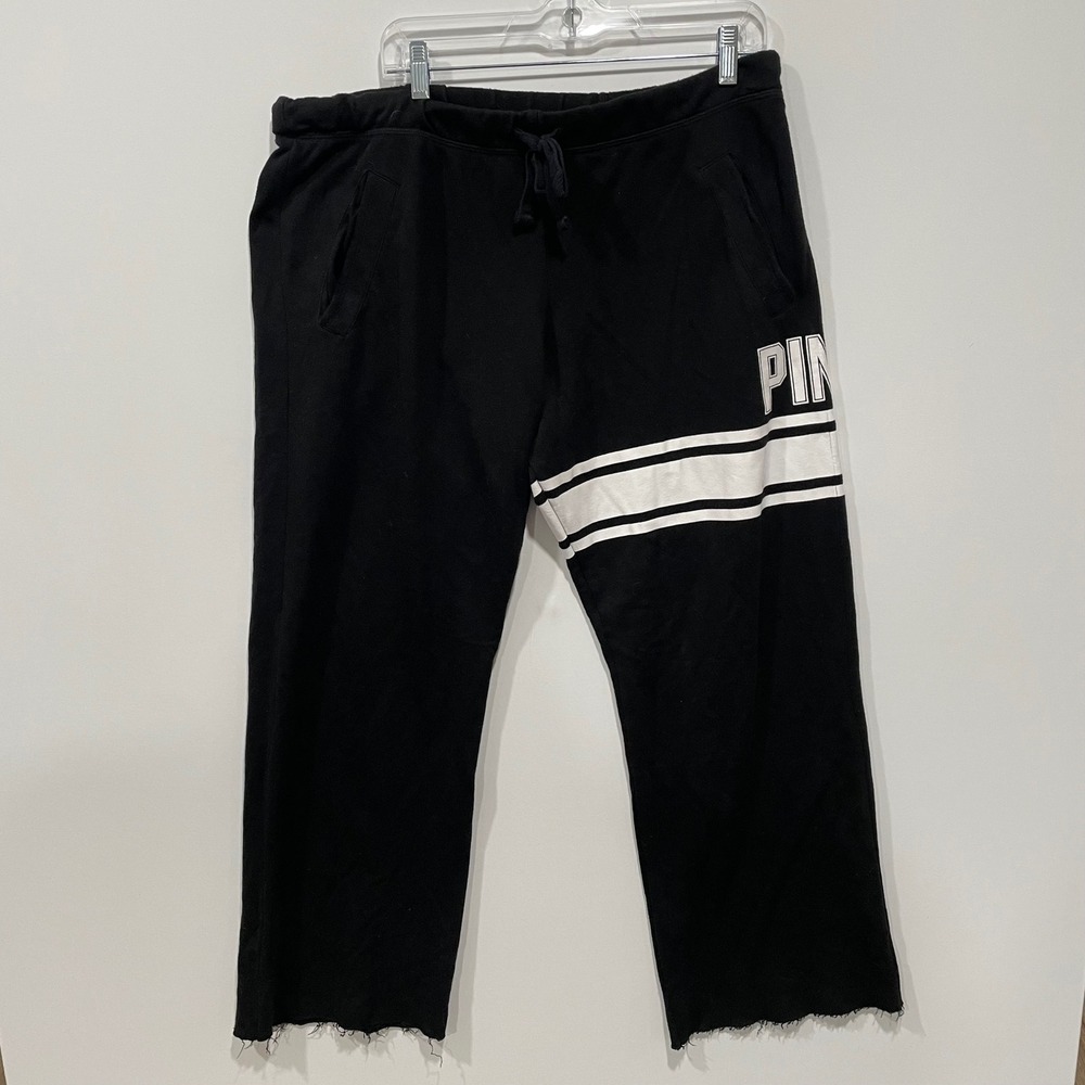 PINK Victoria's Secret Black Sweatpants‎ Lounge Pants Distressed Hem Size L